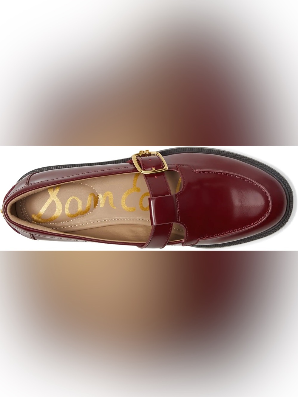 Sam Edelman Elaina Burgundy Patent Leather T-Bar Loafers with Gold Buckles - Picture 3 of 4